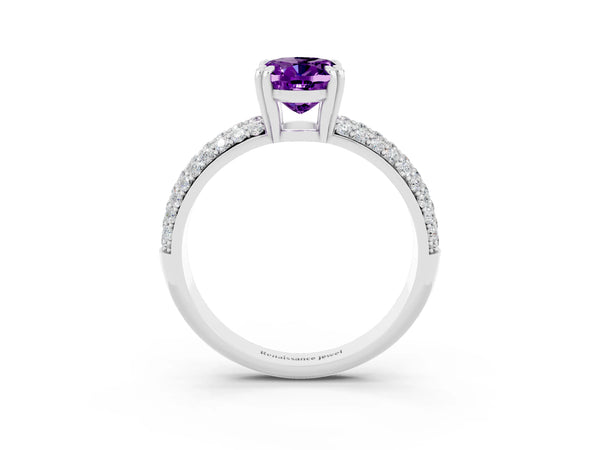 Silver Oval Cut Amethyst Solitaire Ring with Multi-Row Round Pavé Band and Prong Setting