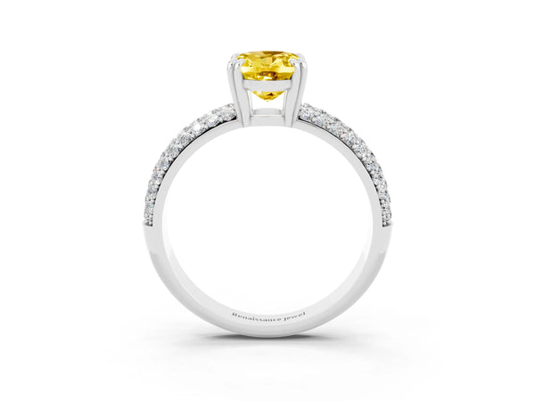 Silver Oval Cut Yellow Sapphire Solitaire Ring with Multi-Row Round Pavé Band and Prong Setting