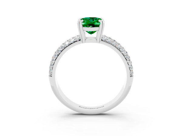 Silver Oval Cut Emerald Solitaire Ring with Multi-Row Round Pavé Band and Prong Setting