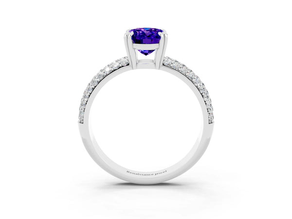 White gold Oval Cut Tanzanite Solitaire Ring with Multi-Row Round Pavé Band and Prong Setting