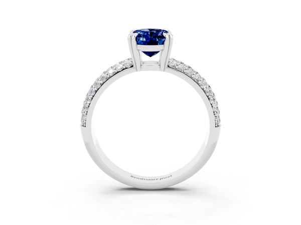 Platinum Oval Lab-Grown Blue Sapphire Triple Row Pave Engagement Ring with Double Claw Prongs