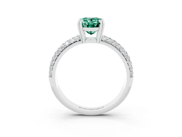 Silver Oval Cut Green Sapphire Solitaire Ring with Multi-Row Round Pavé Band and Prong Setting