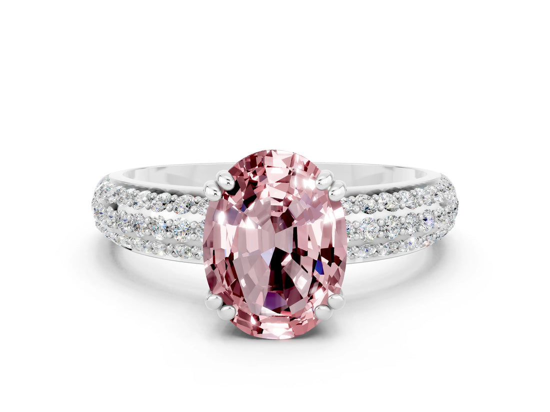 White gold Oval Cut Cut Pave Diamond Engagement Ring with Channel Set Band and Four-Prong Setting