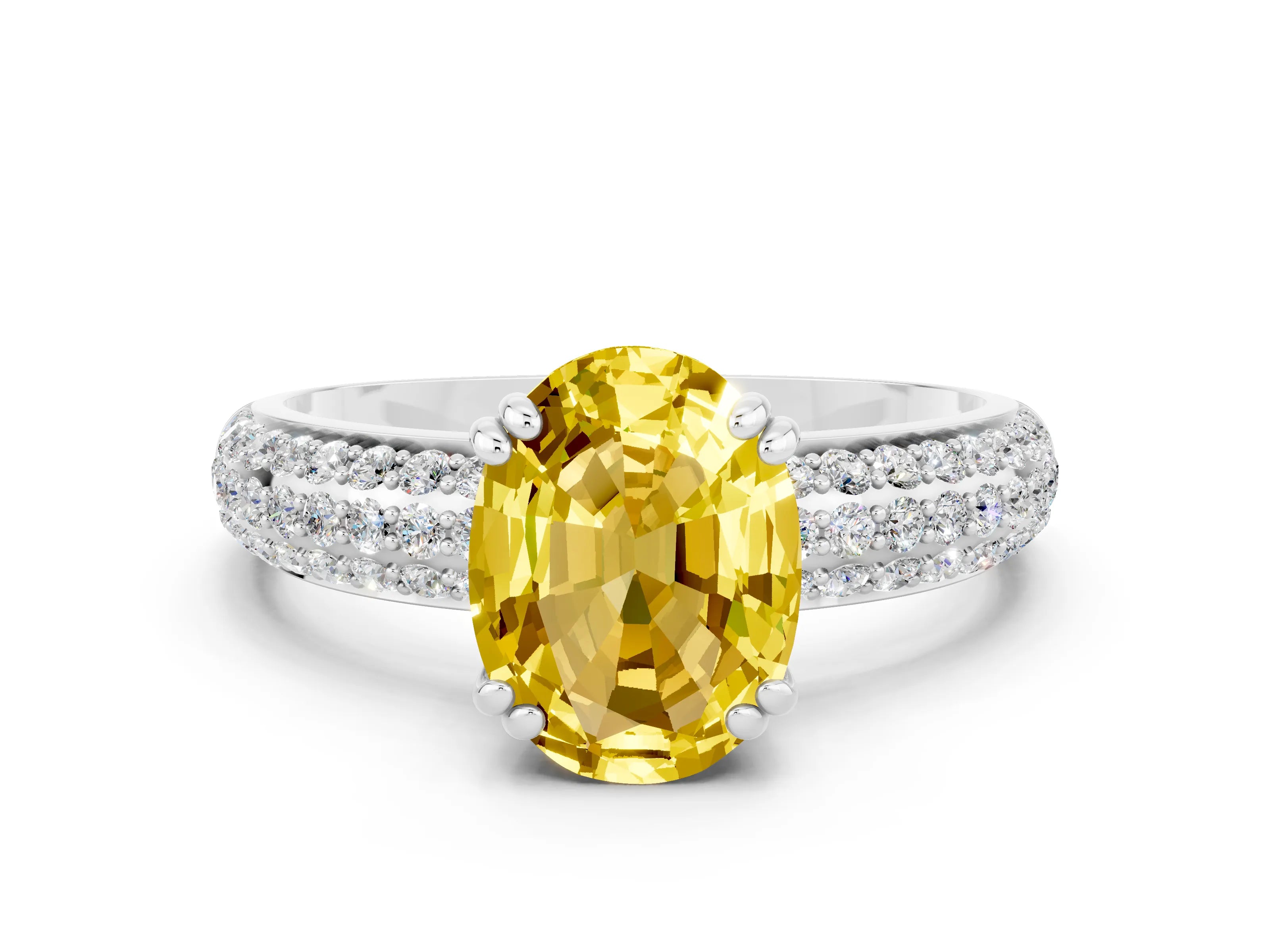 White gold Oval Cut Cut Pave Diamond Engagement Ring with Channel Set Band and Four-Prong Setting