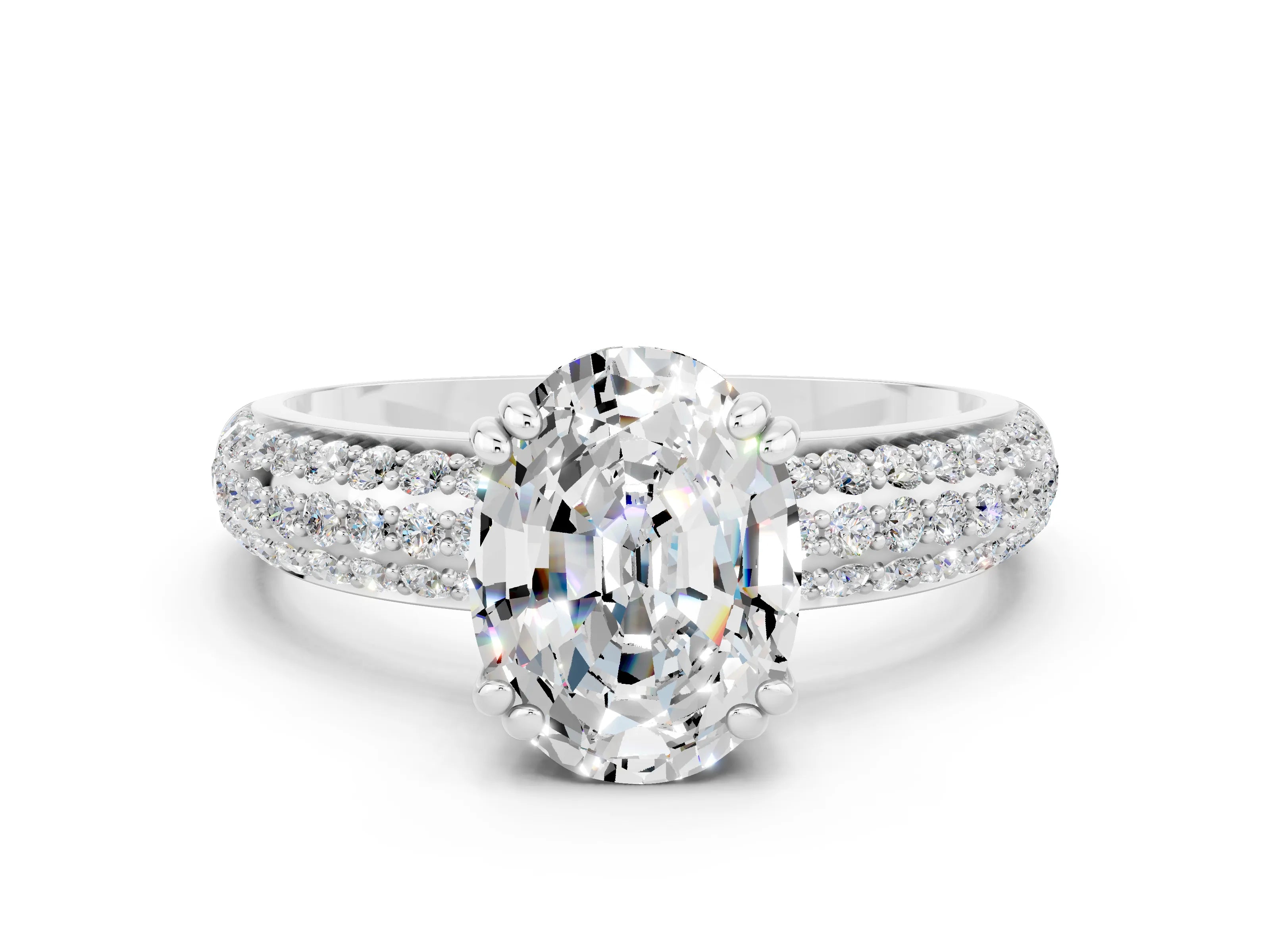 White gold Oval Cut Cut Pave Diamond Engagement Ring with Channel Set Band and Four-Prong Setting