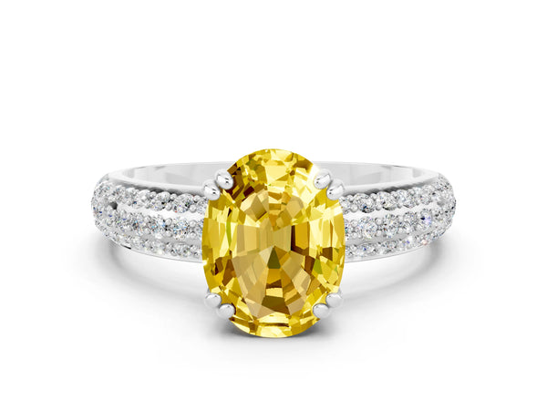 Platinum Oval Cut Yellow Sapphire Solitaire Ring with Multi-Row Round Pavé Band and Prong Setting