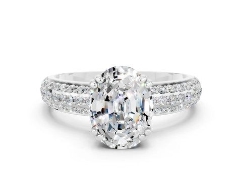 White gold Oval Cut Cut Pave Diamond Engagement Ring with Channel Set Band and Four-Prong Setting