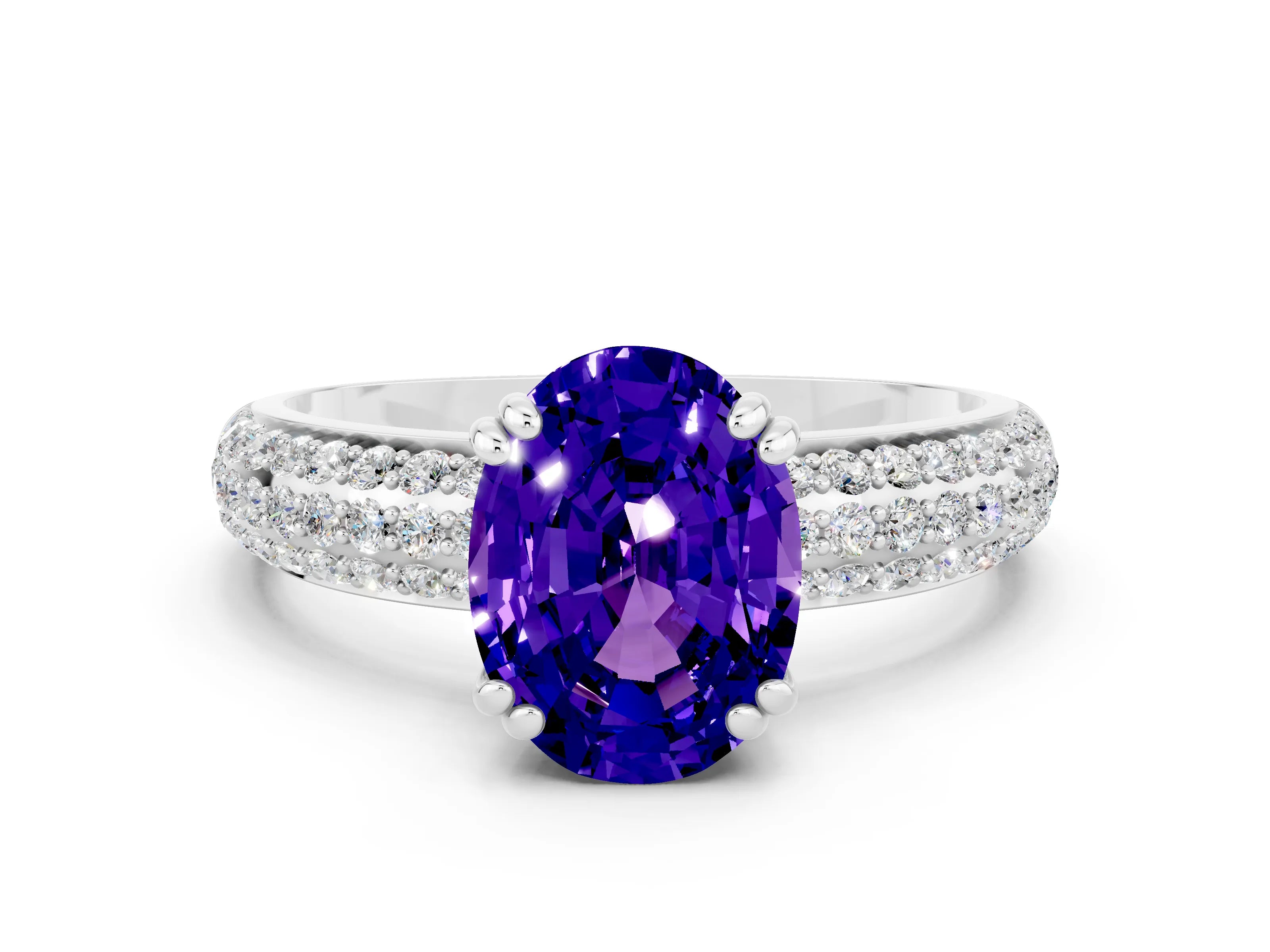 White gold Oval Cut Cut Pave Diamond Engagement Ring with Channel Set Band and Four-Prong Setting