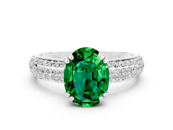 Silver Oval Cut Emerald Solitaire Ring with Multi-Row Round Pavé Band and Prong Setting