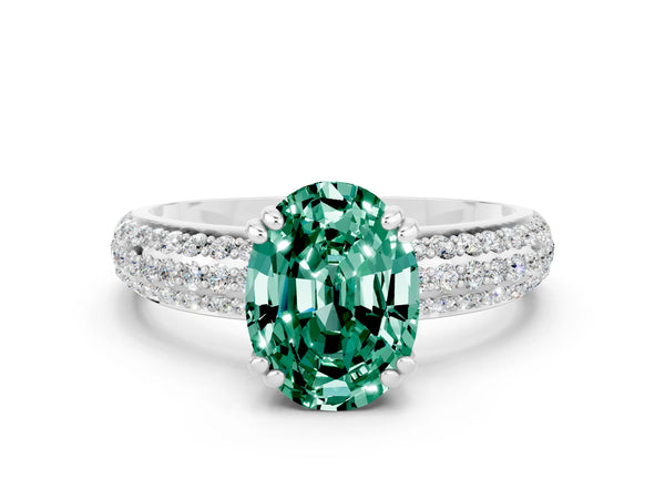 Platinum Oval Cut Green Sapphire Solitaire Ring with Multi-Row Round Pavé Band and Prong Setting