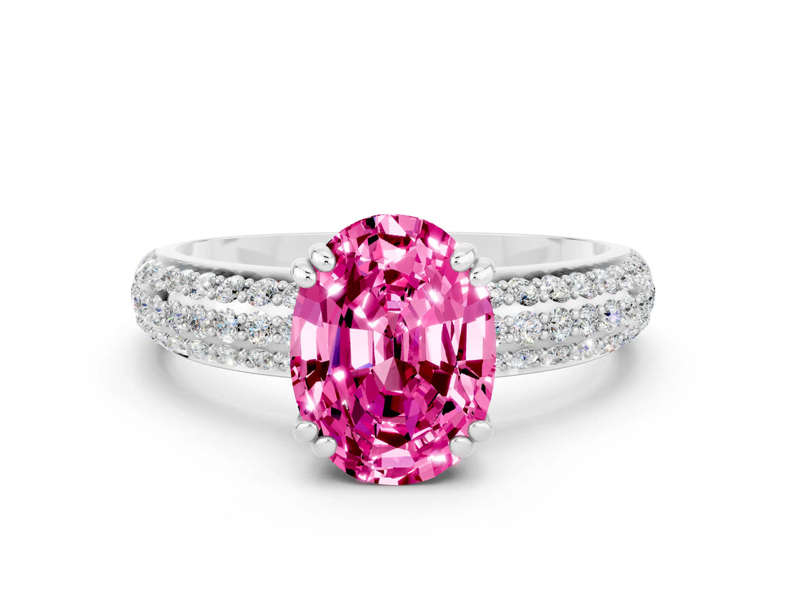 White gold Oval Cut Cut Pave Diamond Engagement Ring with Channel Set Band and Four-Prong Setting