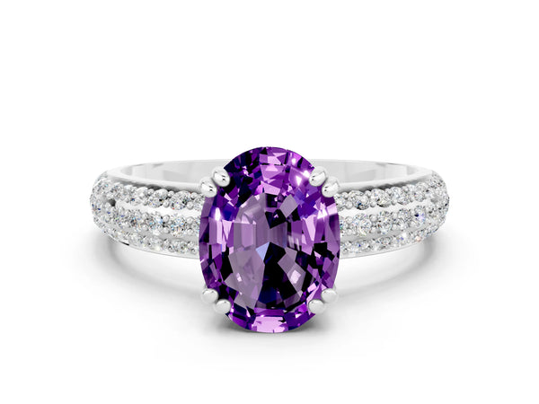 Platinum Oval Cut Amethyst Solitaire Ring with Multi-Row Round Pavé Band and Prong Setting