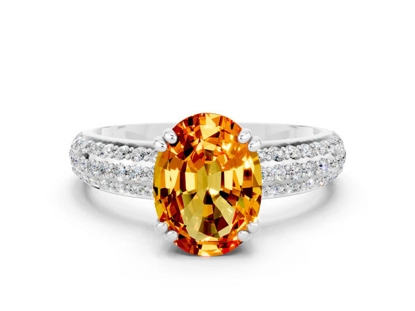Platinum Oval Cut Citrine Solitaire Ring with Multi-Row Round Pavé Band and Prong Setting