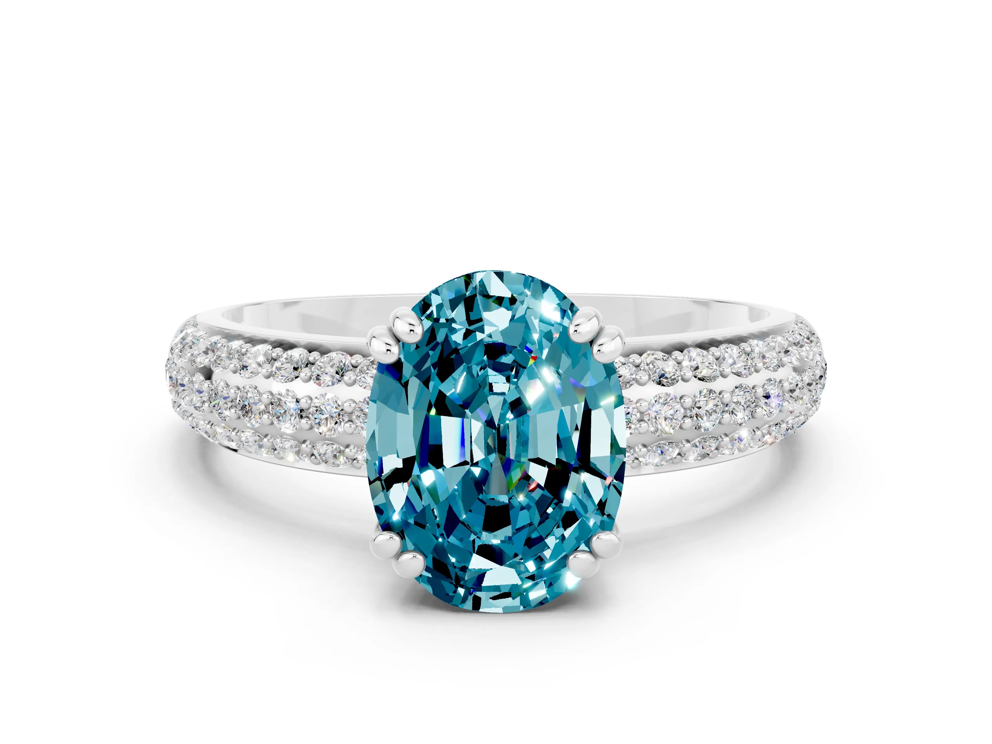 White gold Oval Cut Cut Pave Diamond Engagement Ring with Channel Set Band and Four-Prong Setting