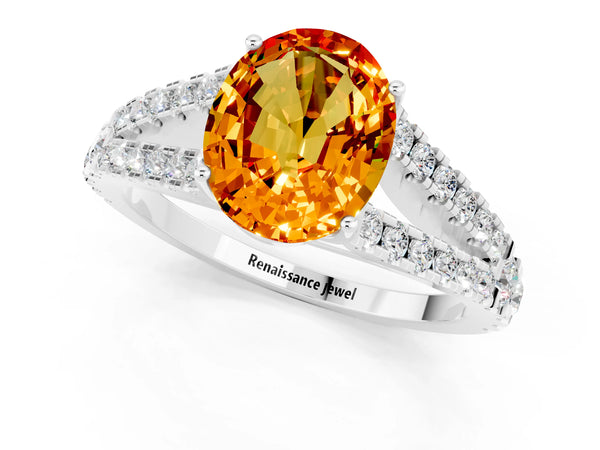 Silver Oval Cut Citrine Split Shank Engagement Ring with Round Pavé and Prong Setting
