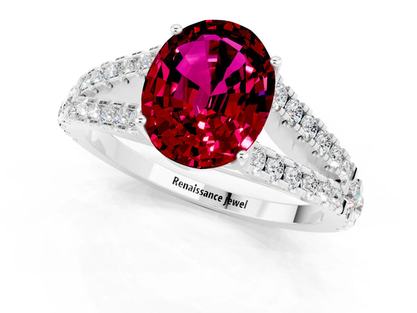 Silver Oval Cut Garnet Split Shank Engagement Ring with Round Pavé and Prong Setting