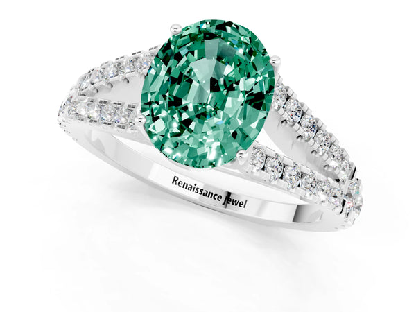 Silver Oval Cut Green Sapphire Split Shank Engagement Ring with Round Pavé and Prong Setting