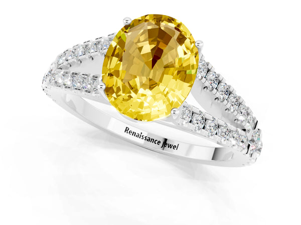White gold Oval Cut Yellow Sapphire Split Shank Engagement Ring with Round Pavé and Prong Setting