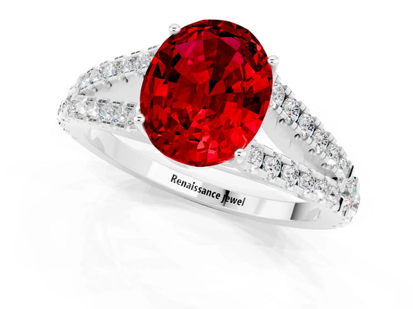 White gold Oval Cut Ruby Split Shank Engagement Ring with Round Pavé and Prong Setting