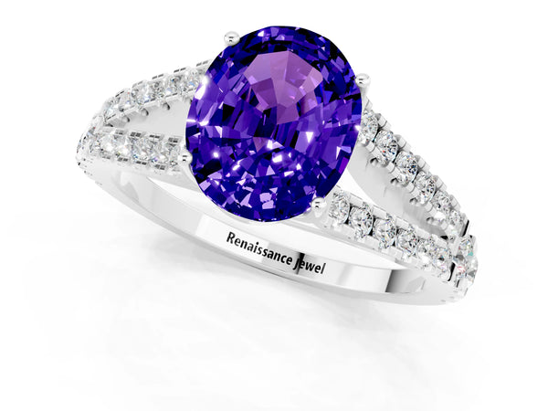 White gold Oval Cut Tanzanite Split Shank Engagement Ring with Round Pavé and Prong Setting