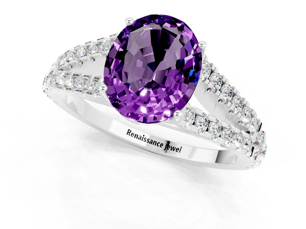 Silver Oval Cut Amethyst Split Shank Engagement Ring with Round Pavé and Prong Setting