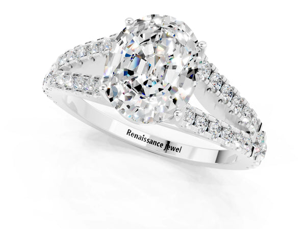White gold Oval Cut Moissanite Split Shank Engagement Ring with Round Pavé and Prong Setting