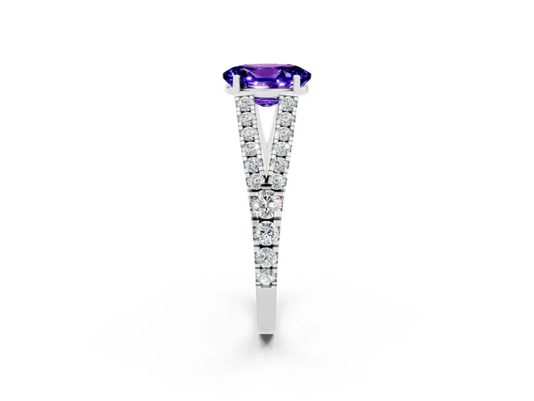 Silver Oval Cut Tanzanite Split Shank Engagement Ring with Round Pavé and Prong Setting