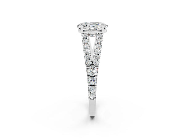 Platinum Oval Cut Moissanite Split Shank Engagement Ring with Round Pavé and Prong Setting