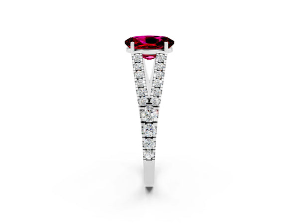 Silver Oval Cut Garnet Split Shank Engagement Ring with Round Pavé and Prong Setting