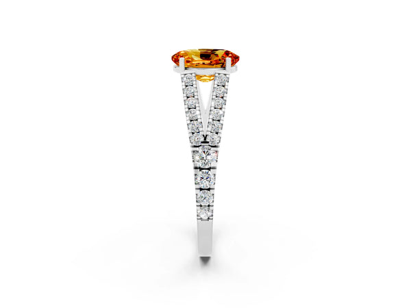 Silver Oval Cut Citrine Split Shank Engagement Ring with Round Pavé and Prong Setting