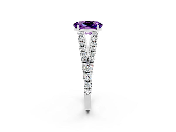 White gold Oval Cut Amethyst Split Shank Engagement Ring with Round Pavé and Prong Setting