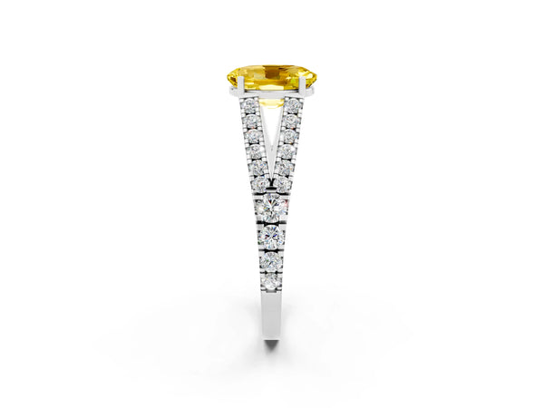 Silver Oval Cut Yellow Sapphire Split Shank Engagement Ring with Round Pavé and Prong Setting