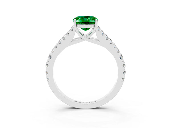 Platinum Oval Cut Emerald Split Shank Engagement Ring with Round Pavé and Prong Setting