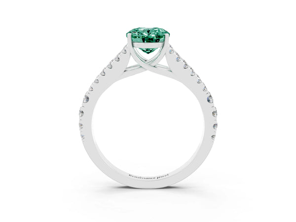 Platinum Oval Cut Green Sapphire Split Shank Engagement Ring with Round Pavé and Prong Setting