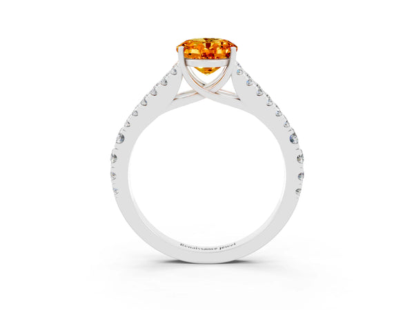 Platinum Oval Cut Citrine Split Shank Engagement Ring with Round Pavé and Prong Setting