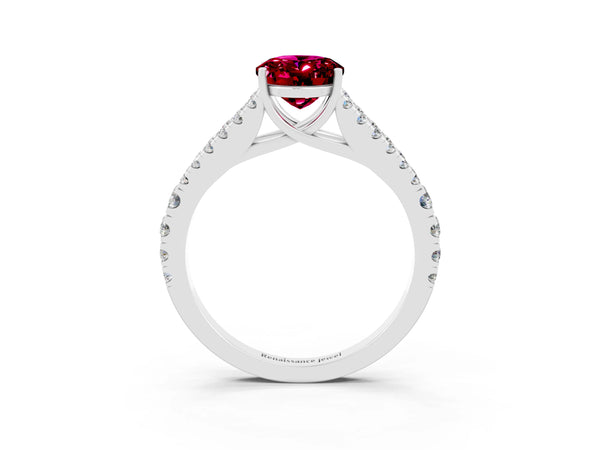 Silver Oval Cut Garnet Split Shank Engagement Ring with Round Pavé and Prong Setting