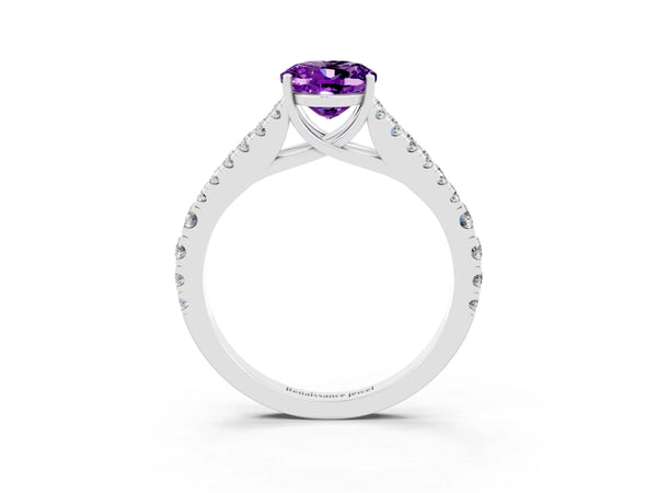Silver Oval Cut Amethyst Split Shank Engagement Ring with Round Pavé and Prong Setting
