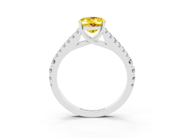 White gold Oval Cut Yellow Sapphire Split Shank Engagement Ring with Round Pavé and Prong Setting