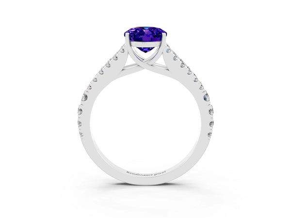 Silver Oval Cut Tanzanite Split Shank Engagement Ring with Round Pavé and Prong Setting