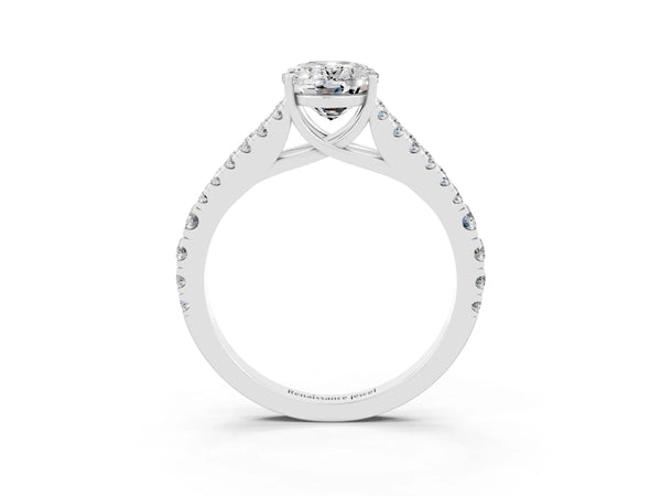 Platinum Oval Cut Moissanite Split Shank Engagement Ring with Round Pavé and Prong Setting