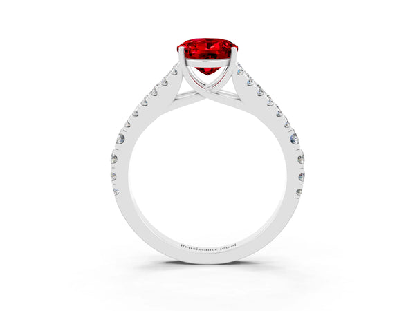 Platinum Oval Cut Ruby Split Shank Engagement Ring with Round Pavé and Prong Setting