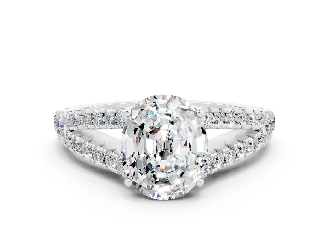White gold Oval Cut Cut Split Shank Pave Diamond Engagement Ring with Four-Prong Setting