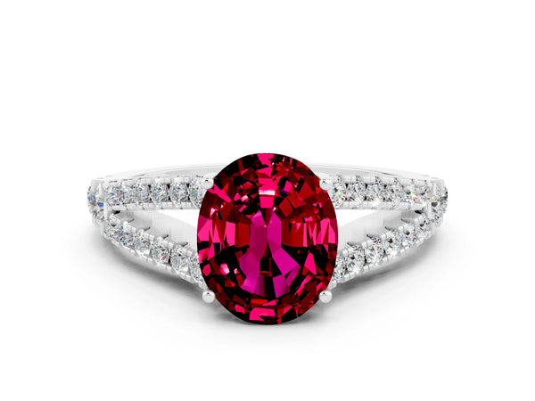 Silver Oval Cut Garnet Split Shank Engagement Ring with Round Pavé and Prong Setting