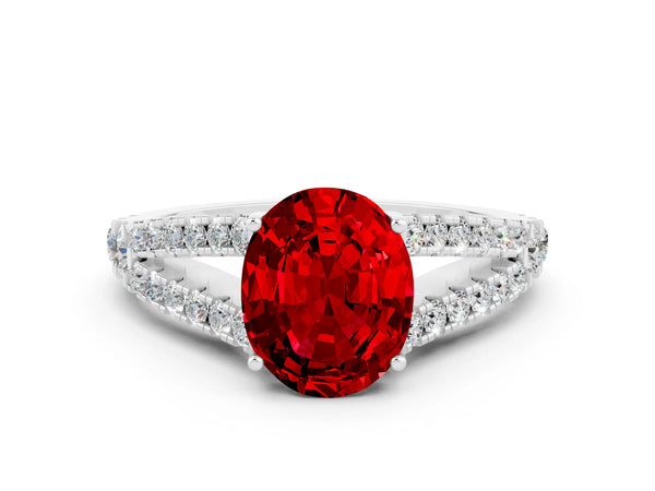 Silver Oval Cut Ruby Split Shank Engagement Ring with Round Pavé and Prong Setting