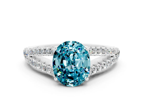 Silver Oval Cut Cut Split Shank Pave Diamond Engagement Ring with Four-Prong Setting