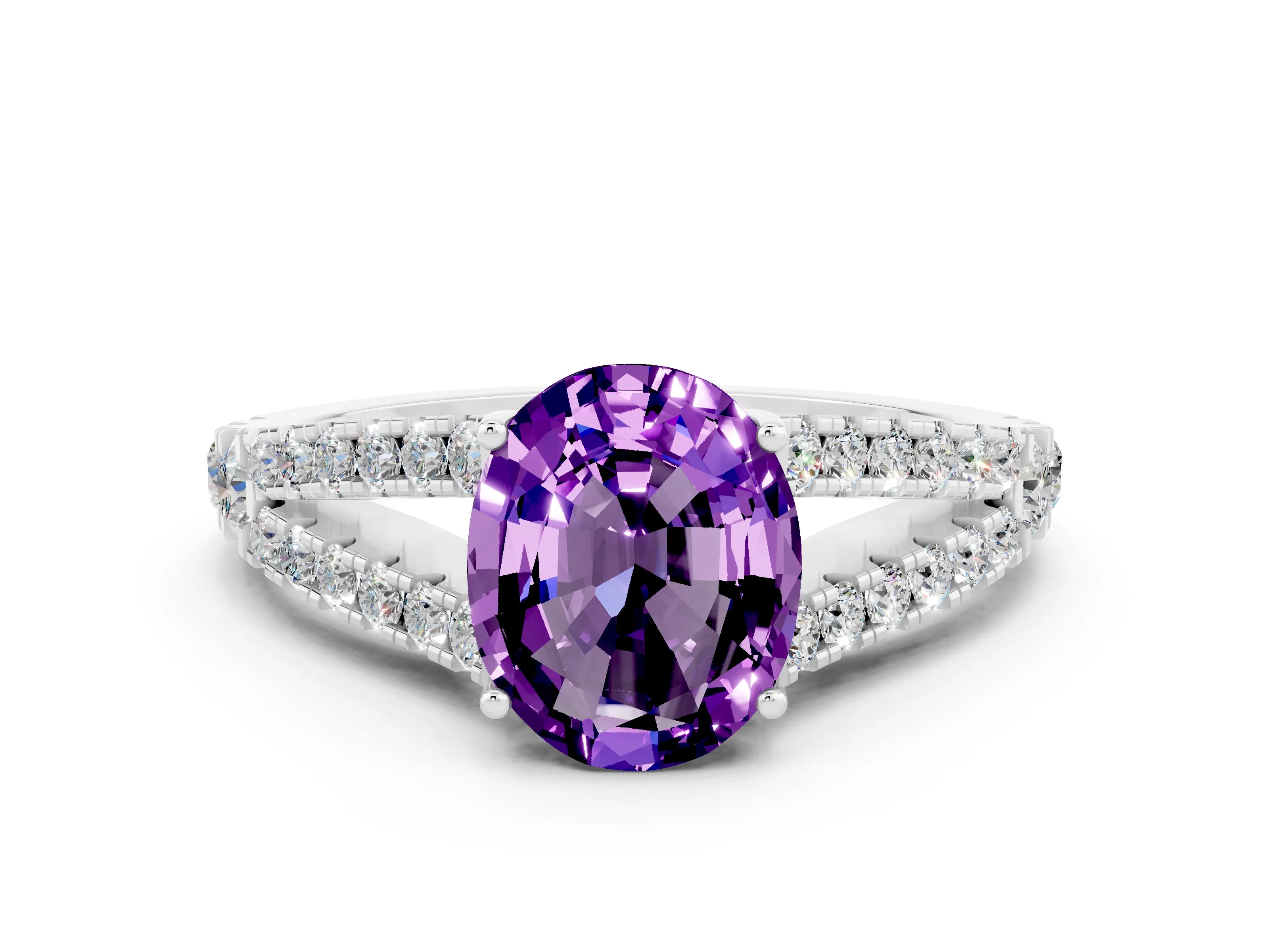 White gold Oval Cut Cut Split Shank Pave Diamond Engagement Ring with Four-Prong Setting