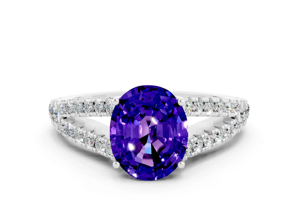 Silver Oval Cut Tanzanite Split Shank Engagement Ring with Round Pavé and Prong Setting