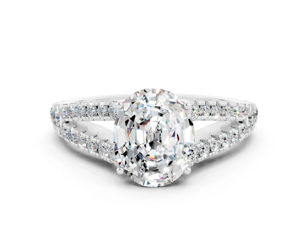 Platinum Oval Cut Moissanite Split Shank Engagement Ring with Round Pavé and Prong Setting