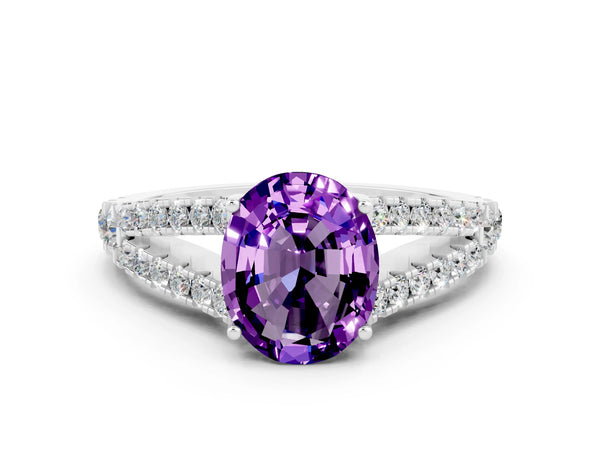 Silver Oval Cut Amethyst Split Shank Engagement Ring with Round Pavé and Prong Setting