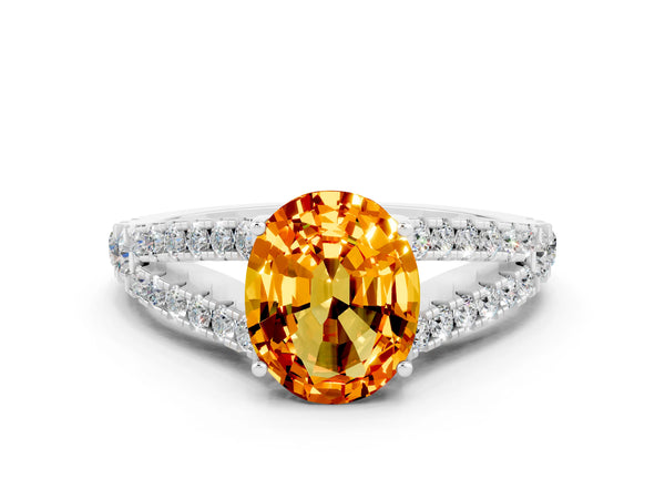 Silver Oval Cut Citrine Split Shank Engagement Ring with Round Pavé and Prong Setting